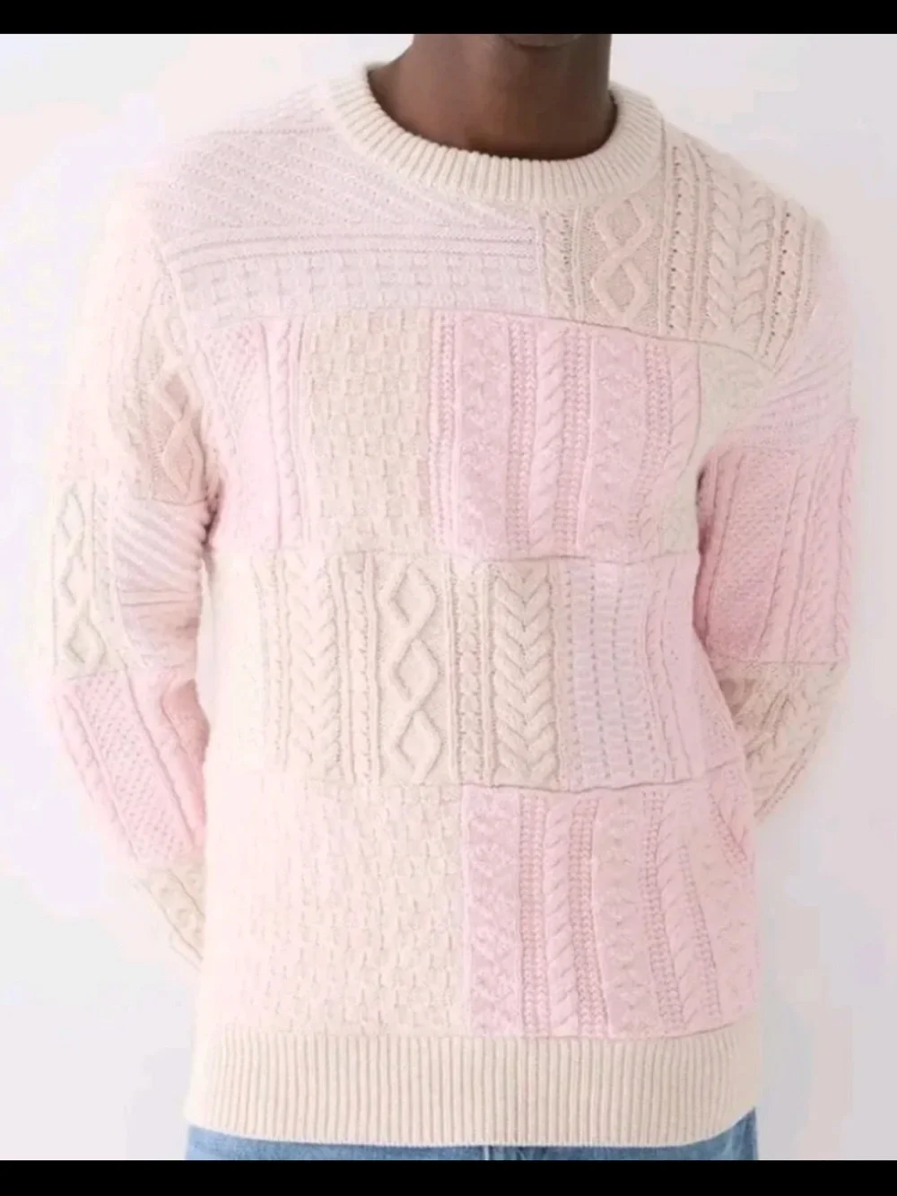 J. Crew Pink and Cream Patchwork Cable Crewneck Sweater